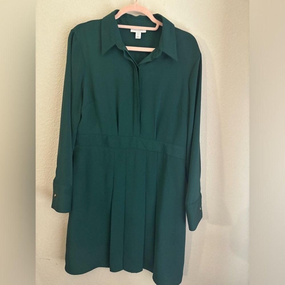Topshop Dark Green Pleated Long Sleeve Button Up Structured Shirtdress US10 - Picture 2 of 10